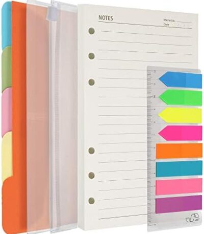 A5 Refill Paper, 200 Lined Pages, 5 Tabs Binder Divider, 160 PCS Index Tabs with Ruler, 2 PCS PVC Pockets, Binder Inserts for Refillable Planner Organizer