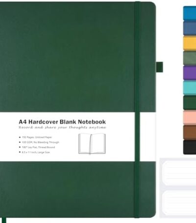 Blank Notebook, Hardcover Sketch Book, 8.5" x 11" Large Blank Journal, No Bleed Thick Paper Sketchbook for Drawing, Unlined Notebook Journal for Women Men School, A4 Leather Sketchbook Lay Flat, Green