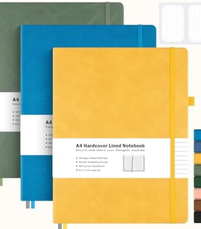 3 Pack College Ruled Notebook, A4 Hardcover Leather Notebook for Work, Lined Notebook Journal for Women, Men, 192 Thick Paper, 8.5" x 11", Large Notebook, Professional Business Notebook, Multicolor