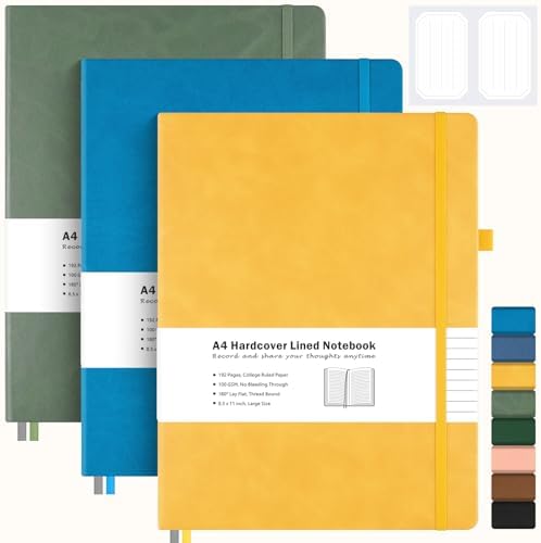 3 Pack College Ruled Notebook, A4 Hardcover Leather Notebook for Work, Lined Notebook Journal for Women, Men, 192 Thick Paper, 8.5" x 11", Large Notebook, Professional Business Notebook, Multicolor