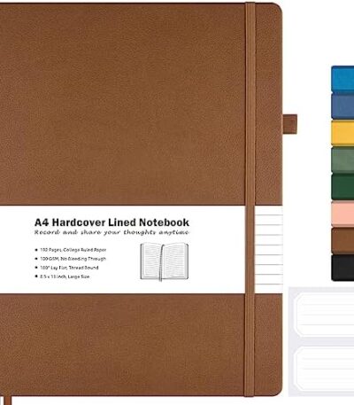 College Ruled Notebook, A4 Hardcover Leather Notebook for Work, Lined Notebook Journal for Women, Men, 192 Thick Paper, 8.5" x 11", Large Notebook with Pockets, Professional Business Notebook, Brown