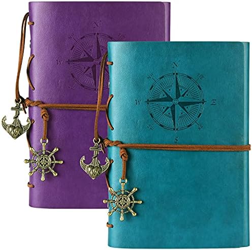 Leather Journal Notebook, Vintage Refillable Journals for Women Men, Ruled Notebooks for Diary, Planner, Notes, Travel Journals to Write in for Kids, Writing Journals Pack Gift, Teal and Purple